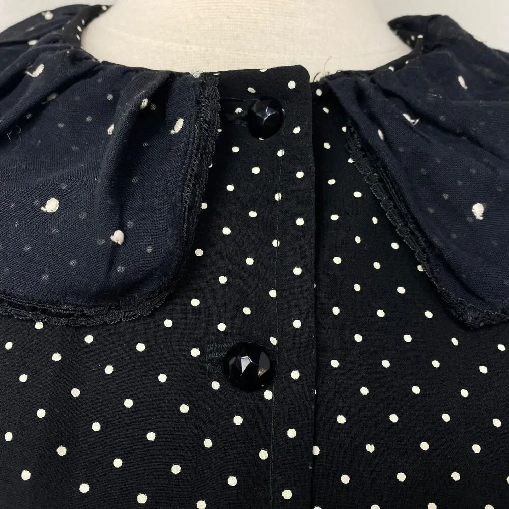 Vtg Black White Embroidered Dress XL Polka Dots Button Front Long Sleeves Boho